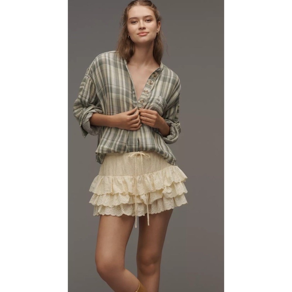 PILCRO Green Plaid Cotton Gauze Boxy Popover Top L Preppy Beach Anthropologie